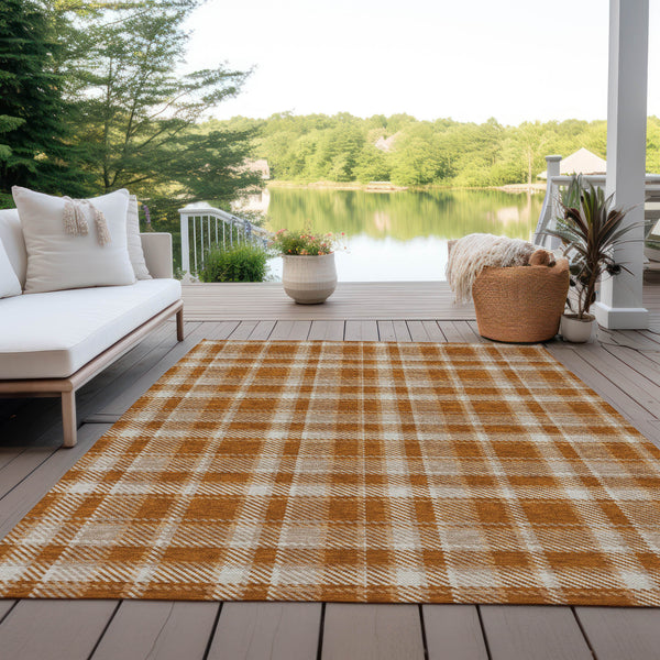 Homeroots 8' X 10' Orange And Ivory Plaid Washable Non Skid Indoor Outdoor Area Rug Paprika Polyester 563382