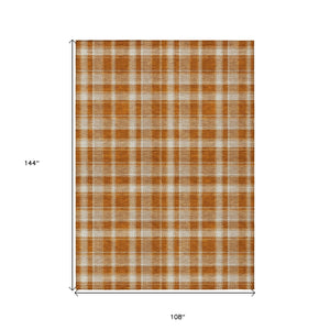 Homeroots 9' X 12' Orange And Ivory Plaid Washable Non Skid Indoor Outdoor Area Rug Paprika Polyester 563383