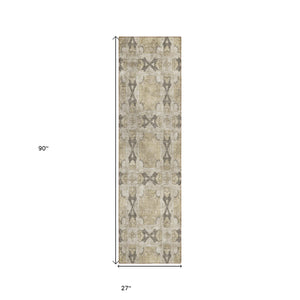 Homeroots 8' Runner Beige And Gray Floral Medallion Washable Non Skid Indoor Outdoor Runner Rug Beige Polyester 563386