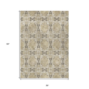 Homeroots 3' X 5' Beige And Gray Floral Medallion Washable Non Skid Indoor Outdoor Area Rug Beige Polyester 563388