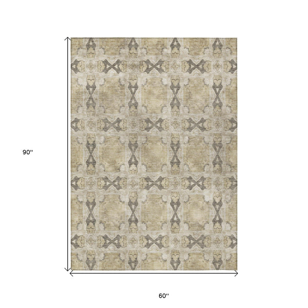 Homeroots 5' X 8' Beige And Gray Floral Medallion Washable Non Skid Indoor Outdoor Area Rug Beige Polyester 563389