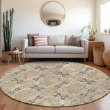 Homeroots 8' Round Beige And Gray Round Floral Medallion Washable Non Skid Indoor Outdoor Area Rug Beige Polyester 563390