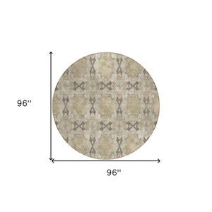Homeroots 8' Round Beige And Gray Round Floral Medallion Washable Non Skid Indoor Outdoor Area Rug Beige Polyester 563390