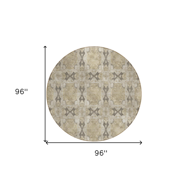 Homeroots 8' Round Beige And Gray Round Floral Medallion Washable Non Skid Indoor Outdoor Area Rug Beige Polyester 563390