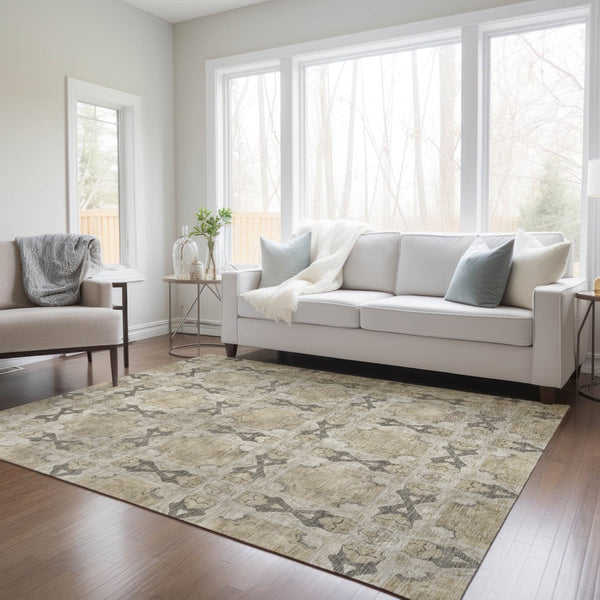 HomeRoots 5' Elegant Beige and Gray Floral Medallion Area Rug - Washable, Non-Skid, Indoor-Outdoor Use 9' X 12' 563392