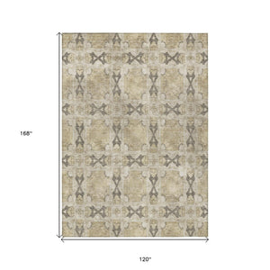 HomeRoots 5' Elegant Beige and Gray Floral Medallion Area Rug - Washable, Non-Skid, Indoor-Outdoor Use 10' X 14' 563393