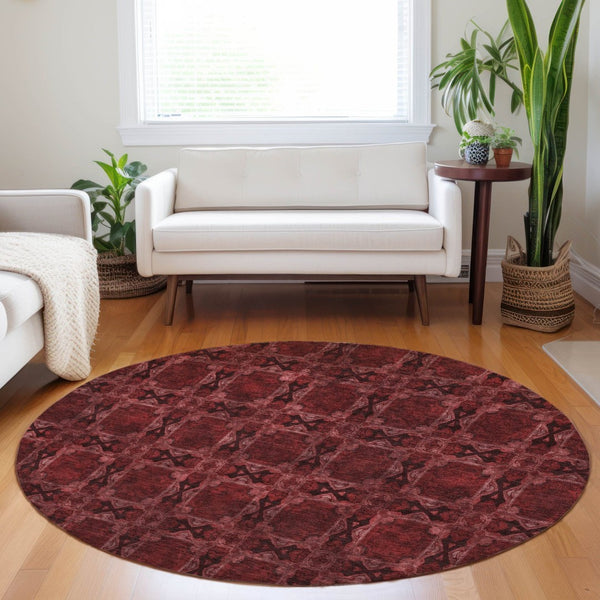 HomeRoots 5' Elegant Beige and Gray Floral Medallion Area Rug - Washable, Non-Skid, Indoor-Outdoor Use 8' Round 563399