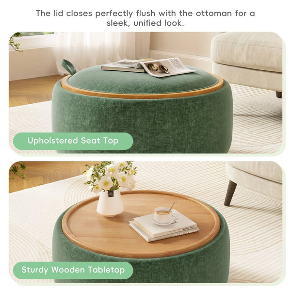 English Elm 29" Round Boucle Storage Ottoman Sculptural Wood Base Reversible Lid Living Room Green N723P405304G