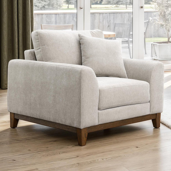 English Elm Mid-Century Walnut Trim Accent Chair with Tapered Legs, Soft Track Arms & Light Gray Upholstery, Throw Pillow Included B2741P396717