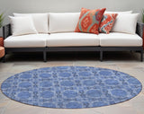 Homeroots 8' Round Denim Blue And Gray Round Floral Medallion Washable Non Skid Indoor Outdoor Area Rug Denim Polyester 563417