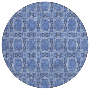 Homeroots 8' Round Denim Blue And Gray Round Floral Medallion Washable Non Skid Indoor Outdoor Area Rug Denim Polyester 563417