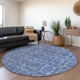 Homeroots 8' Round Denim Blue And Gray Round Floral Medallion Washable Non Skid Indoor Outdoor Area Rug Denim Polyester 563417