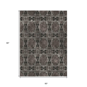 Homeroots 5' X 8' Gray And Black Floral Medallion Washable Non Skid Indoor Outdoor Area Rug Gray Polyester 563425