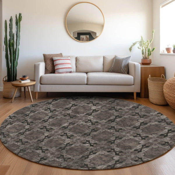 HomeRoots 5' Elegant Beige and Gray Floral Medallion Area Rug - Washable, Non-Skid, Indoor-Outdoor Use 8' Round 563426