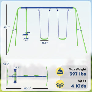 English Elm Outdoor Metal A-frame Swing Set with Glider Seats for Kids Backyard Play T3971P439254