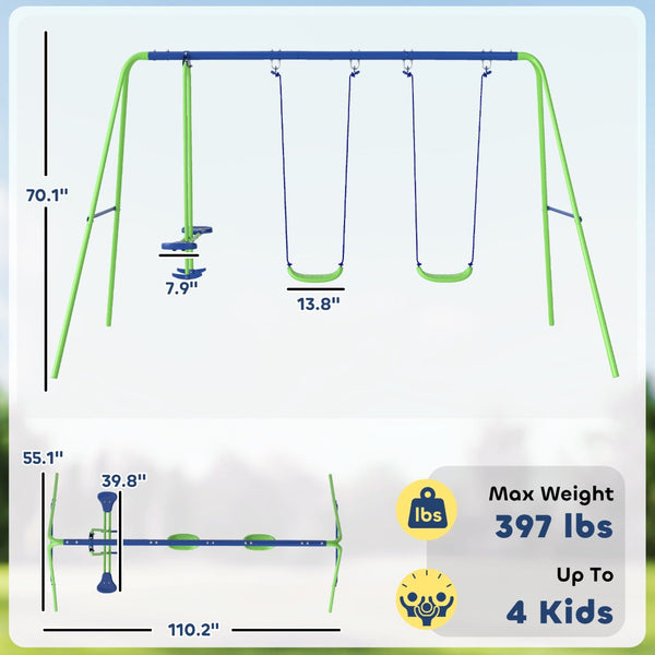 English Elm Outdoor Metal A-frame Swing Set with Glider Seats for Kids Backyard Play T3971P439254