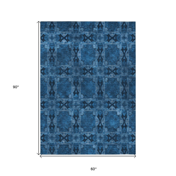 Homeroots 5' X 8' Navy And Gray Floral Medallion Washable Non Skid Indoor Outdoor Area Rug Navy Polyester 563452
