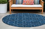 Homeroots 8' Round Navy And Gray Round Floral Medallion Washable Non Skid Indoor Outdoor Area Rug Navy Polyester 563453