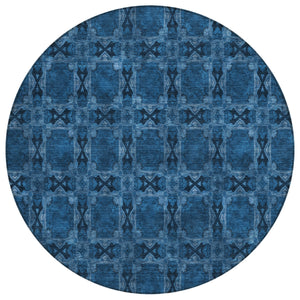 Homeroots 8' Round Navy And Gray Round Floral Medallion Washable Non Skid Indoor Outdoor Area Rug Navy Polyester 563453