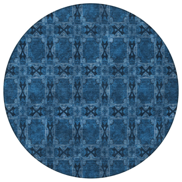 Homeroots 8' Round Navy And Gray Round Floral Medallion Washable Non Skid Indoor Outdoor Area Rug Navy Polyester 563453