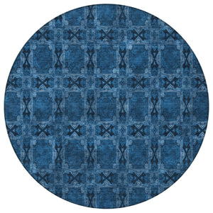 Homeroots 8' Round Navy And Gray Round Floral Medallion Washable Non Skid Indoor Outdoor Area Rug Navy Polyester 563453