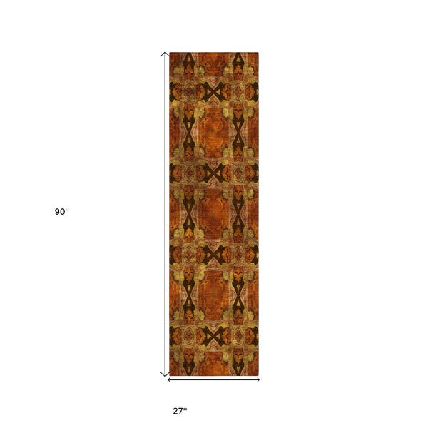 Homeroots 8' Runner Orange And Rust Floral Medallion Washable Non Skid Indoor Outdoor Runner Rug Paprika Polyester 563458