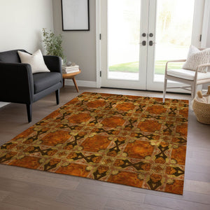 HomeRoots 5' Elegant Beige and Gray Floral Medallion Area Rug - Washable, Non-Skid, Indoor-Outdoor Use 9' X 12' 563464