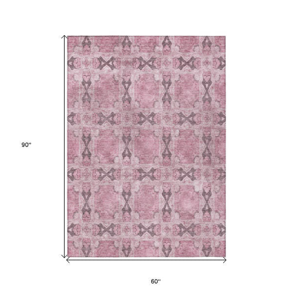 Homeroots 5' X 8' Pink Floral Medallion Washable Non Skid Indoor Outdoor Area Rug Pink Polyester 563470