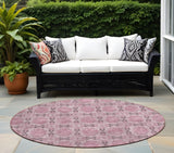 Homeroots 8' Round Pink Round Floral Medallion Washable Non Skid Indoor Outdoor Area Rug Pink Polyester 563471