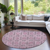 Homeroots 8' Round Pink Round Floral Medallion Washable Non Skid Indoor Outdoor Area Rug Pink Polyester 563471