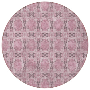 Homeroots 8' Round Pink Round Floral Medallion Washable Non Skid Indoor Outdoor Area Rug Pink Polyester 563471