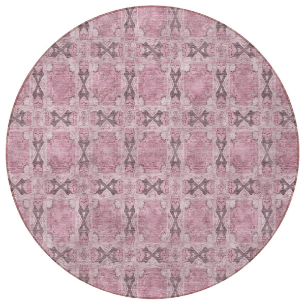 Homeroots 8' Round Pink Round Floral Medallion Washable Non Skid Indoor Outdoor Area Rug Pink Polyester 563471