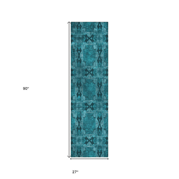 Homeroots 8' Runner Teal Floral Medallion Washable Non Skid Indoor Outdoor Runner Rug Teal Polyester 563476