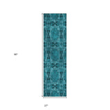 Homeroots 8' Runner Teal Floral Medallion Washable Non Skid Indoor Outdoor Runner Rug Teal Polyester 563476