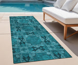 Homeroots 8' Runner Teal Floral Medallion Washable Non Skid Indoor Outdoor Runner Rug Teal Polyester 563476