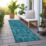 Homeroots 8' Runner Teal Floral Medallion Washable Non Skid Indoor Outdoor Runner Rug Teal Polyester 563476