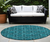 Homeroots 8' Round Teal Round Floral Medallion Washable Non Skid Indoor Outdoor Area Rug Teal Polyester 563480