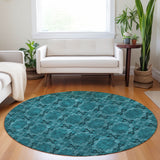 Homeroots 8' Round Teal Round Floral Medallion Washable Non Skid Indoor Outdoor Area Rug Teal Polyester 563480