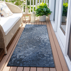 Homeroots 8' Runner Blue Washable Non Skid Indoor Outdoor Runner Rug Blue Polyester 563494