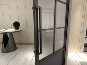 English Elm 30 in Matte Black Steel Sliding Barn Door Frosted Glass Privacy Panel with Hardware B2763P483216