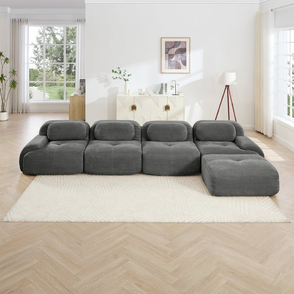 English Elm 4-seat Modular Corduroy Sectional Sofa with Curved Armrests for Living Rooms Grey W714S01271