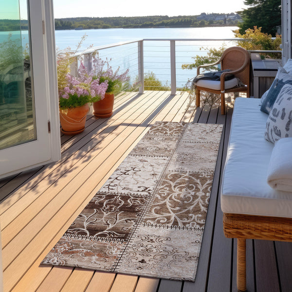 Homeroots 8' Runner Taupe And Ivory Patchwork Washable Non Skid Indoor Outdoor Runner Rug Beige Polyester 563521