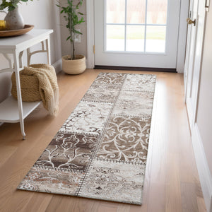 Homeroots 8' Runner Taupe And Ivory Patchwork Washable Non Skid Indoor Outdoor Runner Rug Beige Polyester 563521