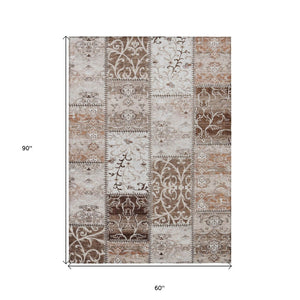 HomeRoots 5' Versatile Taupe and Ivory Patchwork Area Rug - Stylish, Non-Skid, Indoor-Outdoor, Washable Design 5' X 8' 563524