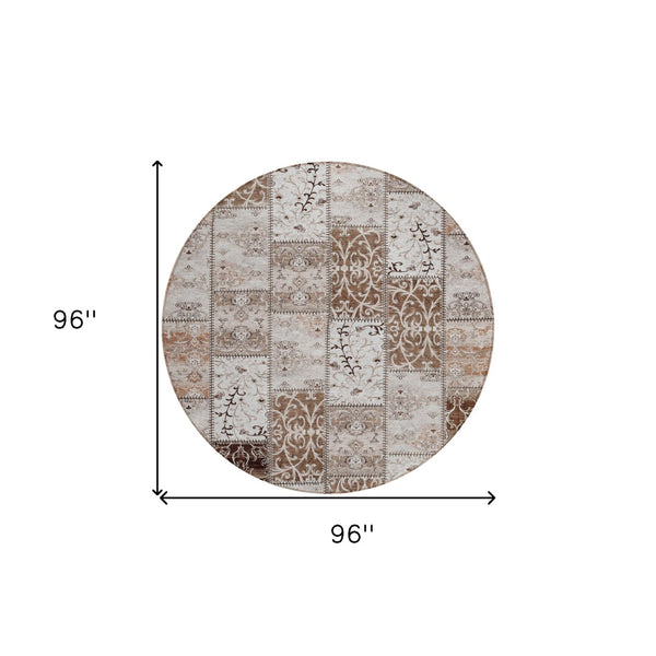 HomeRoots 5' Versatile Taupe and Ivory Patchwork Area Rug - Stylish, Non-Skid, Indoor-Outdoor, Washable Design 8' Round 563525