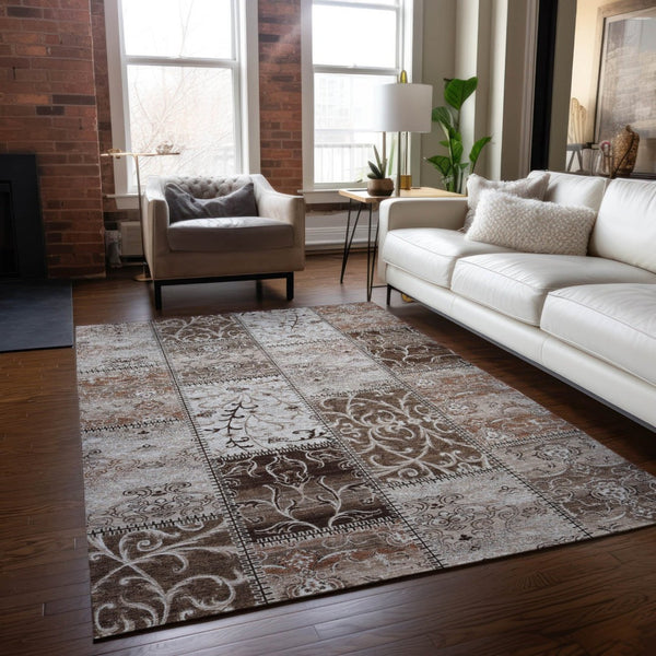 HomeRoots 5' Versatile Taupe and Ivory Patchwork Area Rug - Stylish, Non-Skid, Indoor-Outdoor, Washable Design 8' X 10' 563526