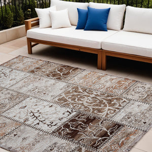 Homeroots 10' X 14' Taupe And Ivory Patchwork Washable Non Skid Indoor Outdoor Area Rug Beige Polyester 563528