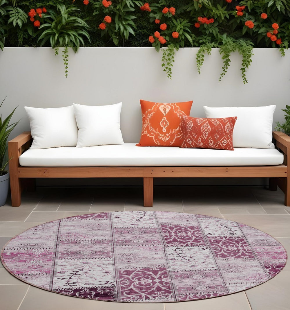HomeRoots 5' Pink Patchwork Area Rug - Durable, Washable Design for Indoor & Outdoor Spaces - Stylish & Versatile 8' Round 563534