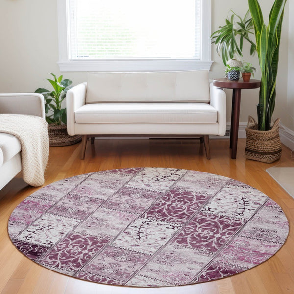 HomeRoots 5' Pink Patchwork Area Rug - Durable, Washable Design for Indoor & Outdoor Spaces - Stylish & Versatile 8' Round 563534