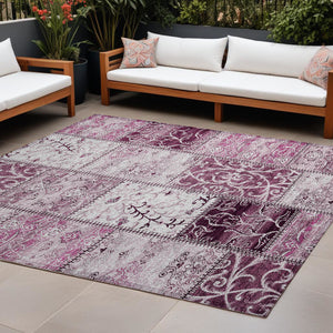Homeroots 10' X 14' Mountbatten Pink Patchwork Washable Non Skid Indoor Outdoor Area Rug Burgundy Polyester 563537